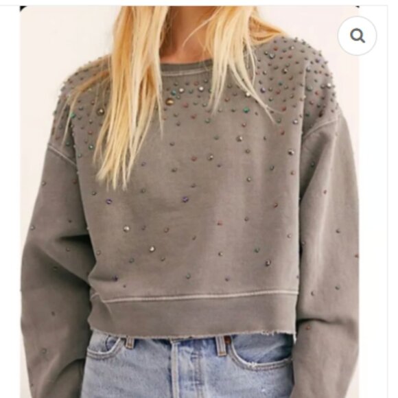 Free People Embellished Cool Rider Pullover, gray, size L - Picture 1 of 10